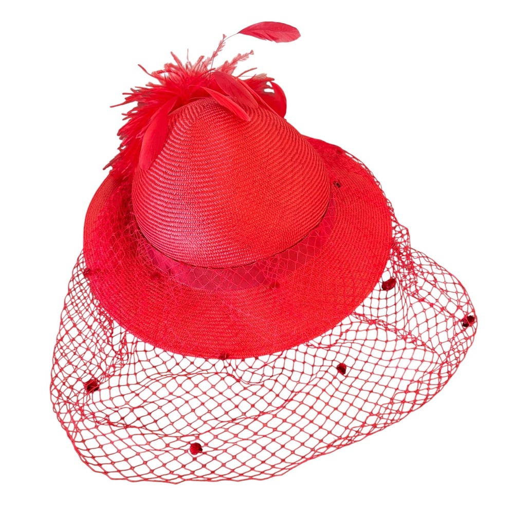 Georgi Vintage Red Straw Pillbox Hat Birdcage Veil Ostrich Feathers Church Derby